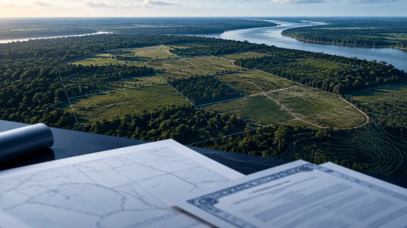 Vista aérea de área rural com demarcações cartográficas para regularização fundiária no Acre