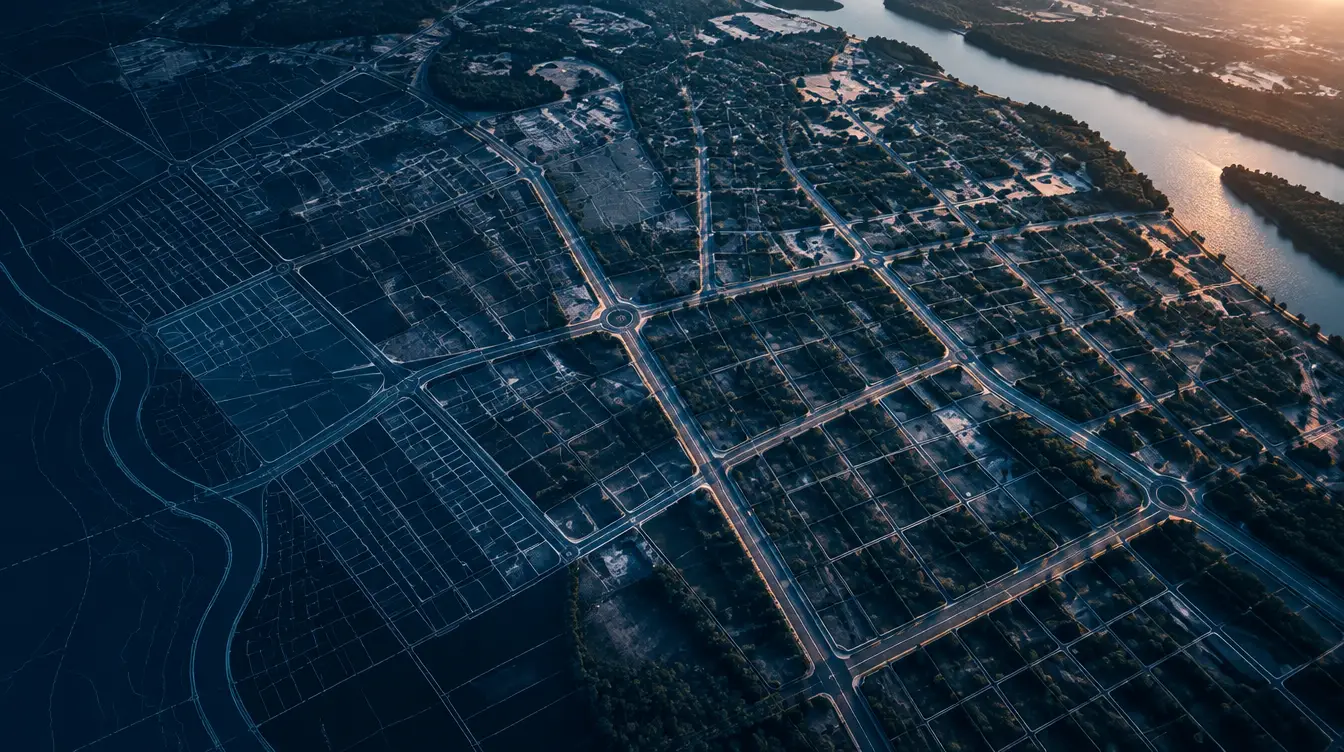 Vista aérea de malha urbana com linhas cartográficas representando a REURB em Rio Branco